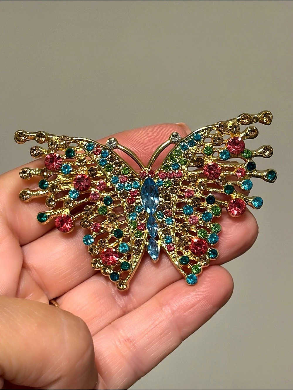 Jeweled Gold Tone Butterfly Brooch Pin 2.75 Inch
